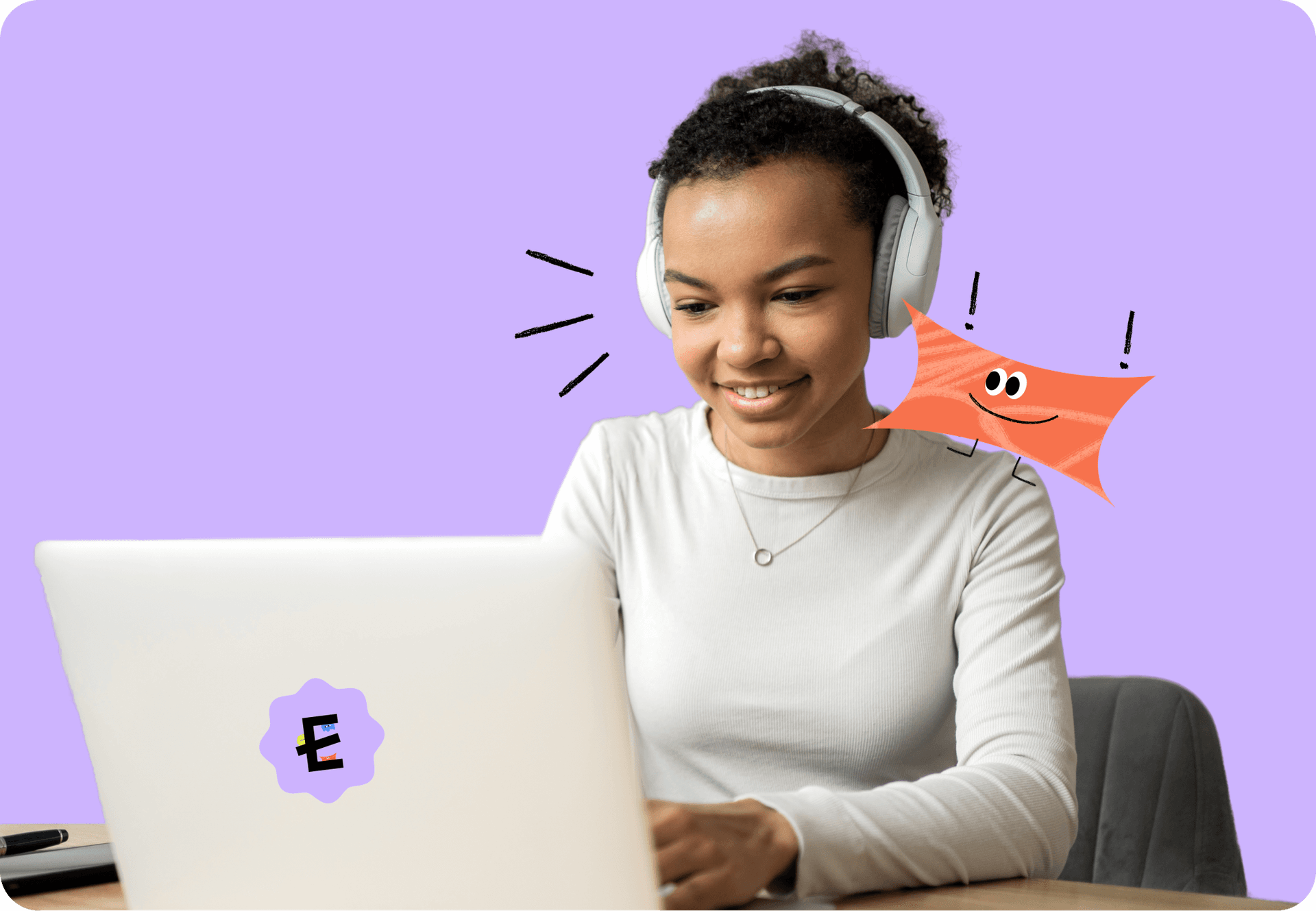 Student learning with laptop and headphones