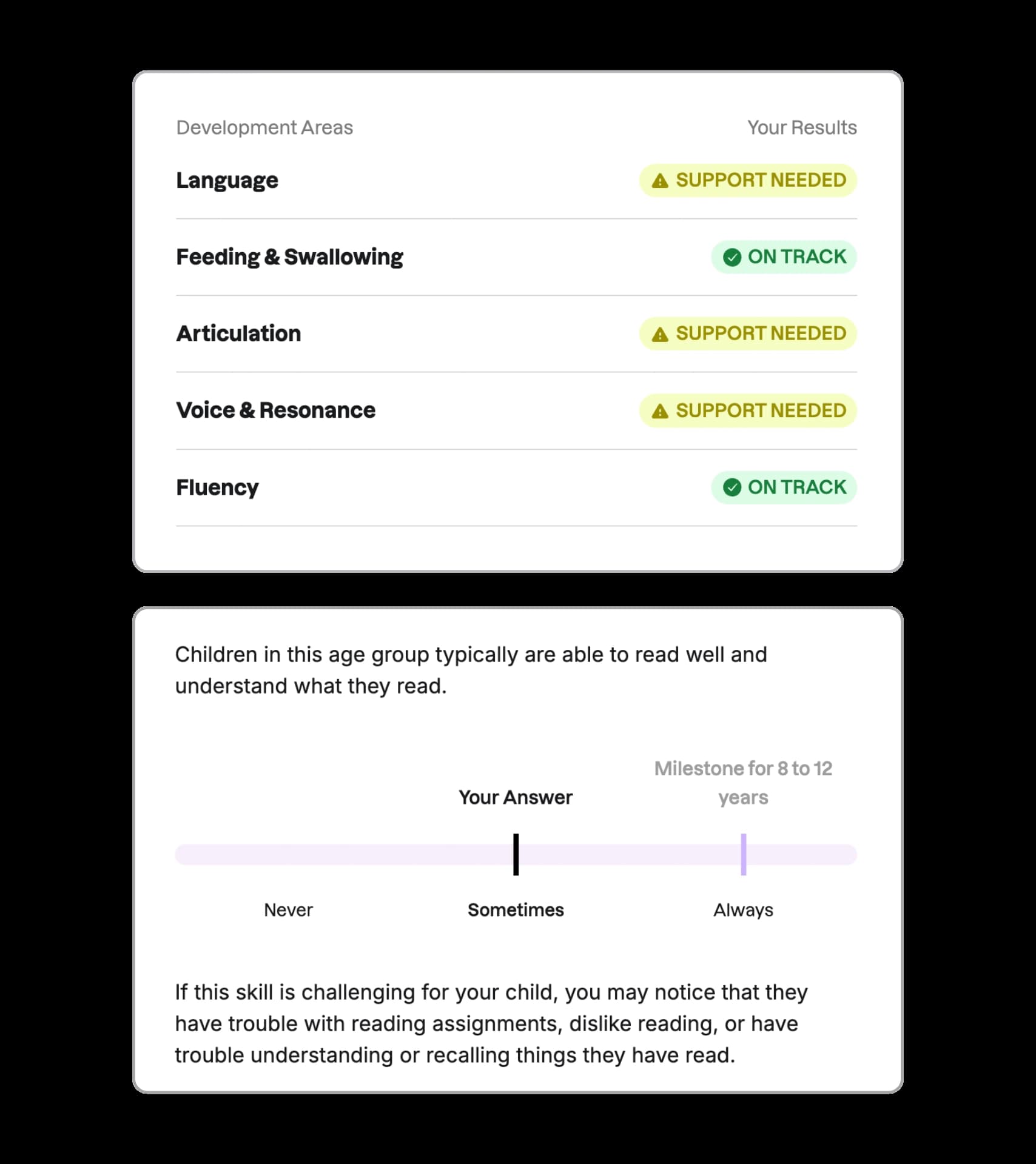 Speech screener results showing development areas